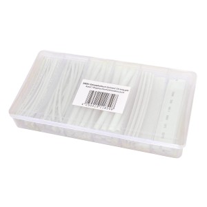 Weißes Schrumpfschlauch-Set, 100 Stück, verschiedene Größen in Sortierbox für Elektroinstallation.