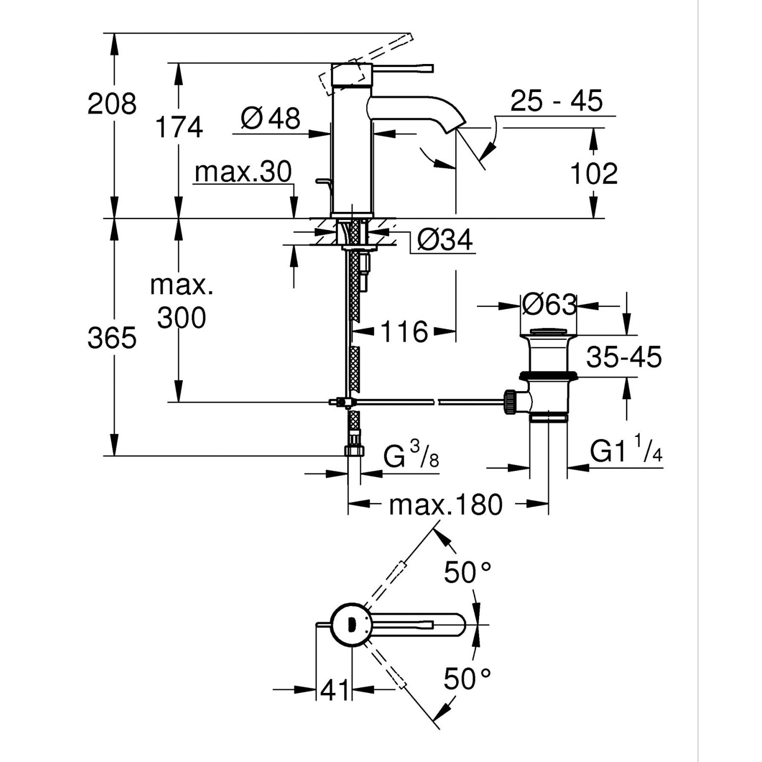 Technische Zeichnung: Grohe Essence Einhand-Waschtischbatterie S-Size, Chrom, mit Maßangaben.