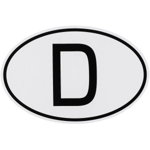 Ovaler, weißer OBI D-Schild Aufkleber mit schwarzem Rand und schwarzem "D".