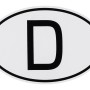 Ovaler, weißer OBI D-Schild Aufkleber mit schwarzem Rand und schwarzem "D".