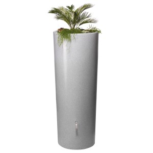 Garantia Regenwasserbehälter Stone 2in1 350 l Silver mit Pflanzschale und Wasserhahn.