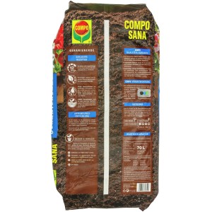 Sack Compo Sana Geranienerde 70L: Spezialerde für Geranien, mit Nährstoffen für bis zu 8 Wochen.