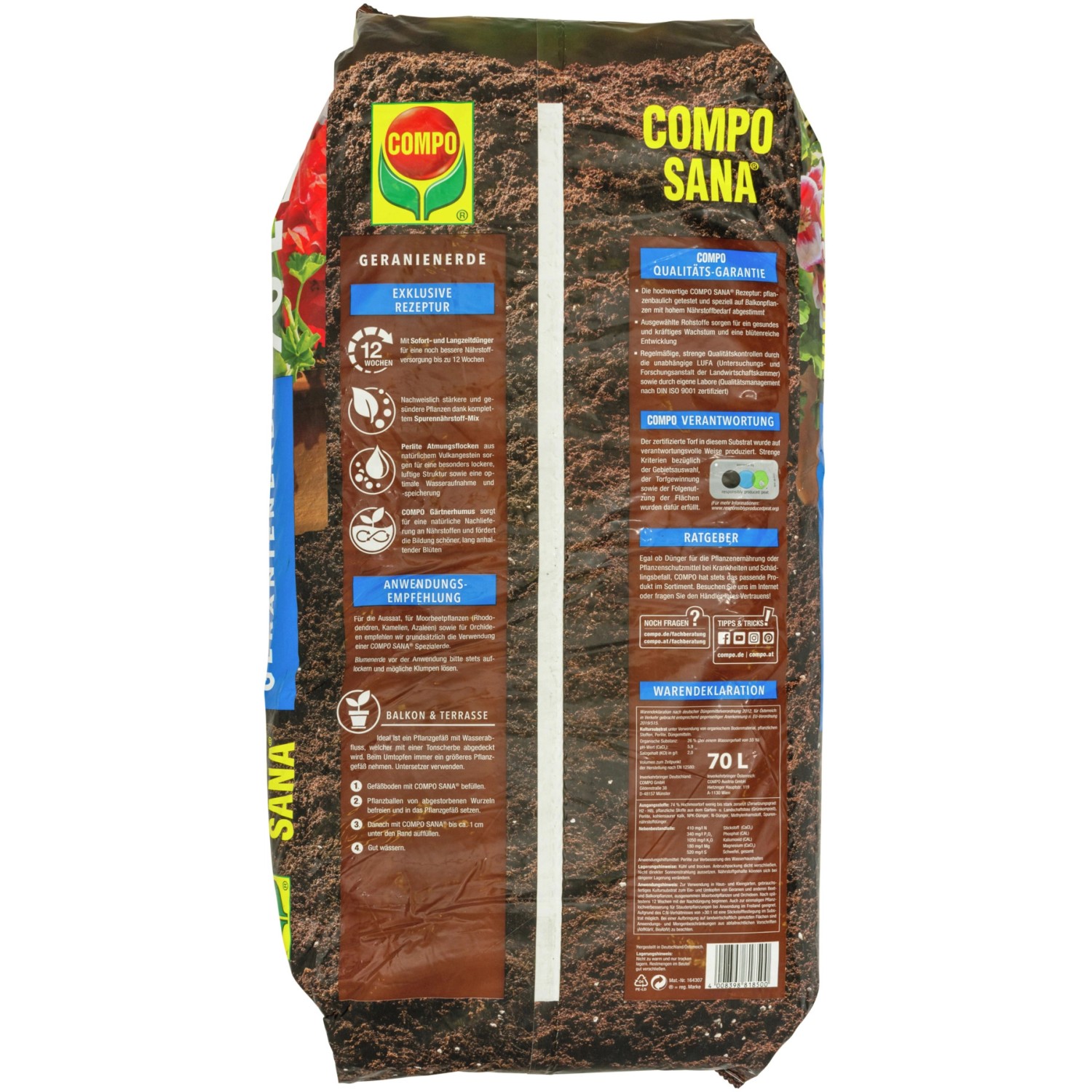 Sack Compo Sana Geranienerde 70L: Spezialerde für Geranien, mit Nährstoffen für bis zu 8 Wochen.