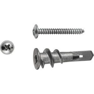 LUX Gipskartondübel aus Metall mit Schrauben, geeignet für Befestigungen in Gipskartonwänden.