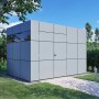 Modernes Bertilo Gartenhaus HPL 2 in Anthrazit-Grau (228x345cm) im Garten.