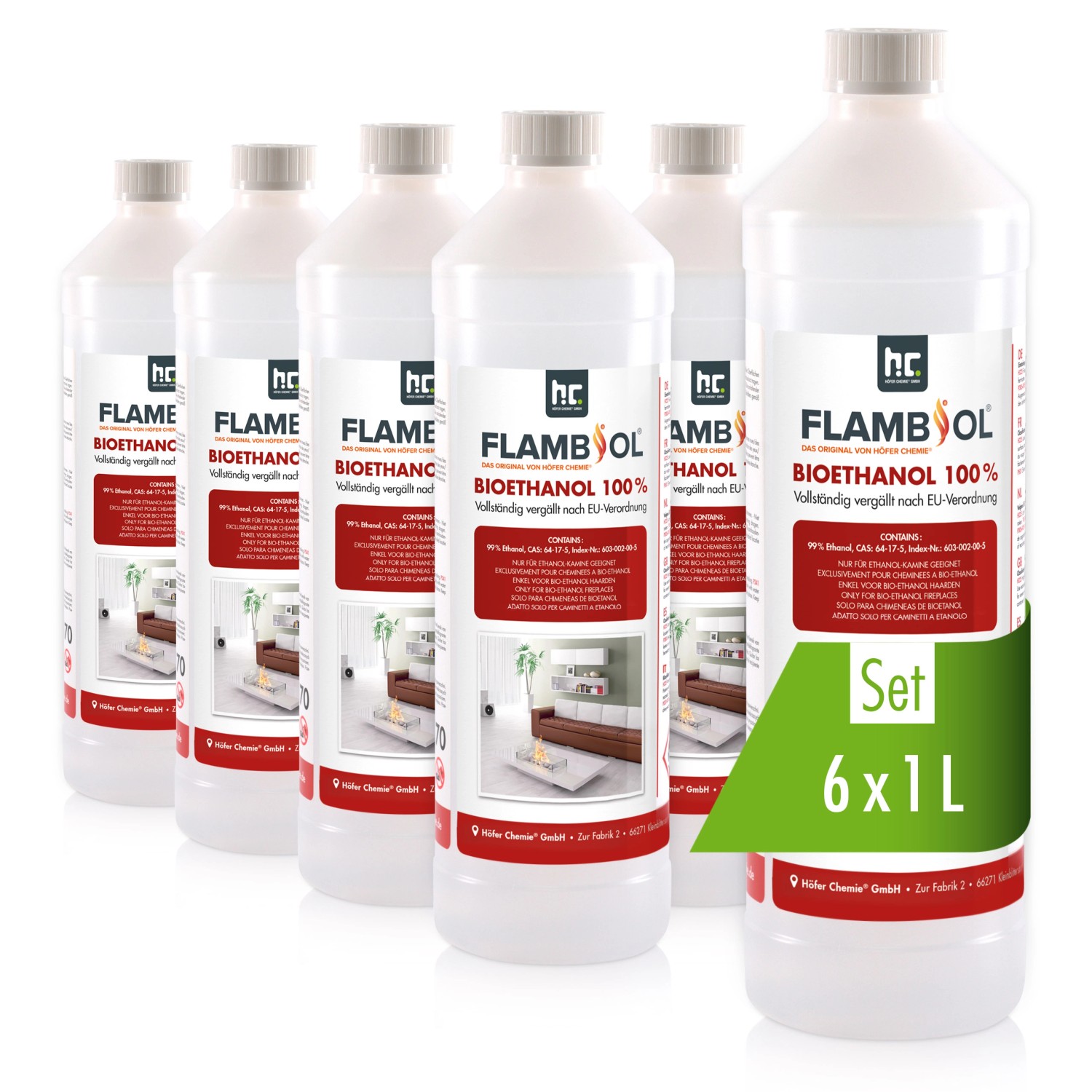 Set aus 6 Flaschen Flambiol Bioethanol für Kamine, je 1 Liter, hochrein.