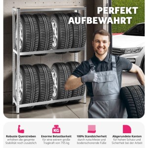 Graues Tectake Reifenregal mit zwei Ebenen für 8 Reifen. Stabiles Lagerregal für Garage und Keller.