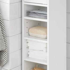 Weißer SoBuy Badezimmerschrank mit Schublade und Fächern, gefüllt mit Badutensilien.