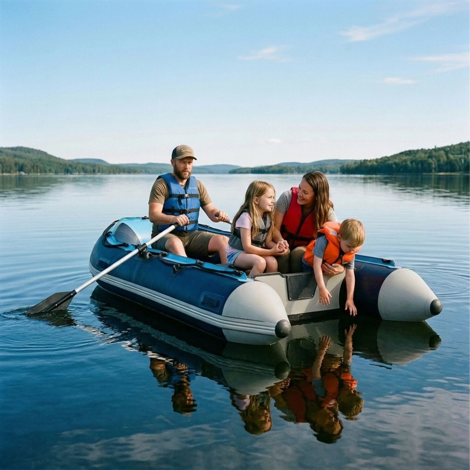 Familie im blauen Relaxdays Schlauchboot auf See. 4 Personen mit Schwimmwesten paddeln. Robustes PVC-Boot für Wassersport.
