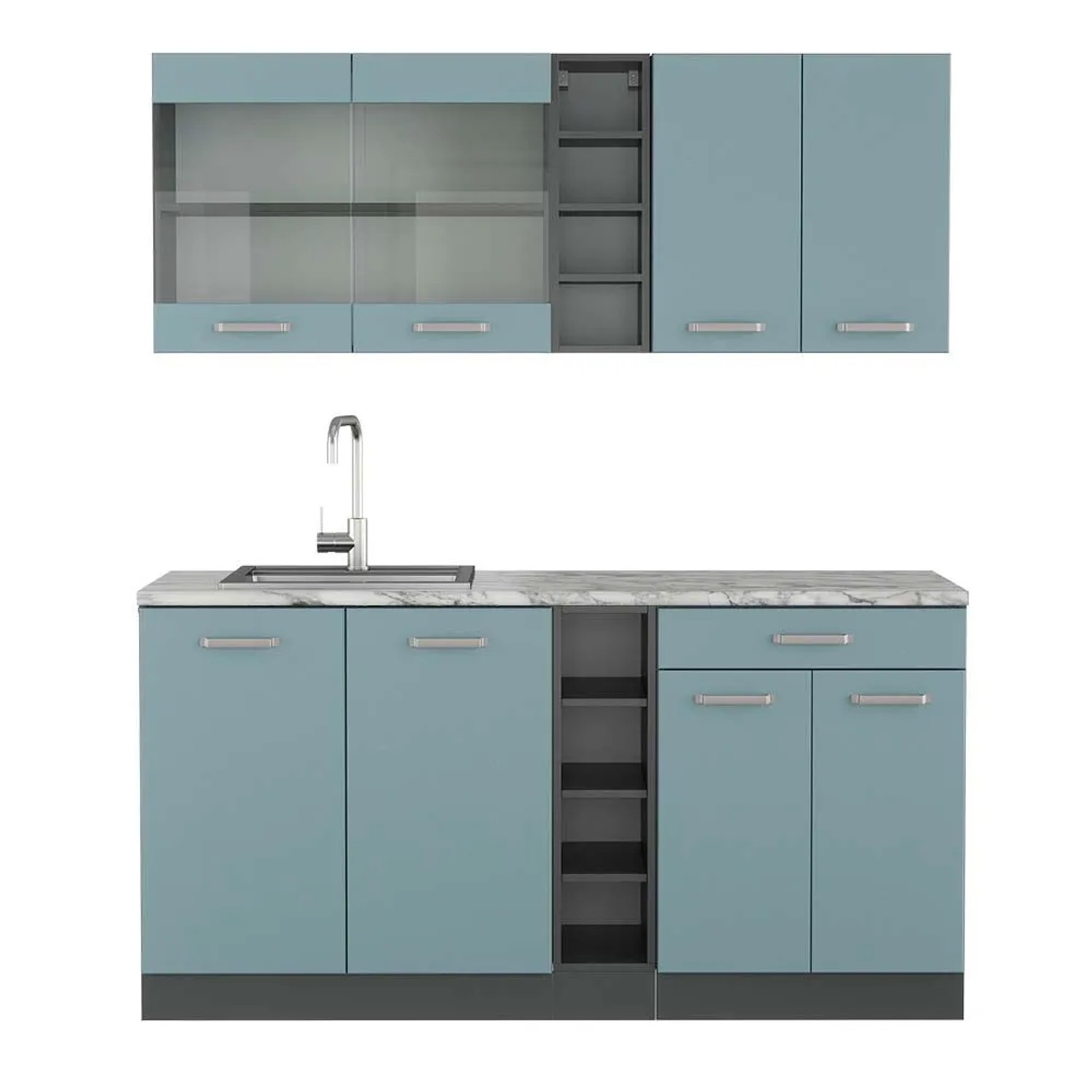 Vicco R-Line Singleküche Blau-Grau Anthrazit 160 cm AP Marmor ohne E-Geräte