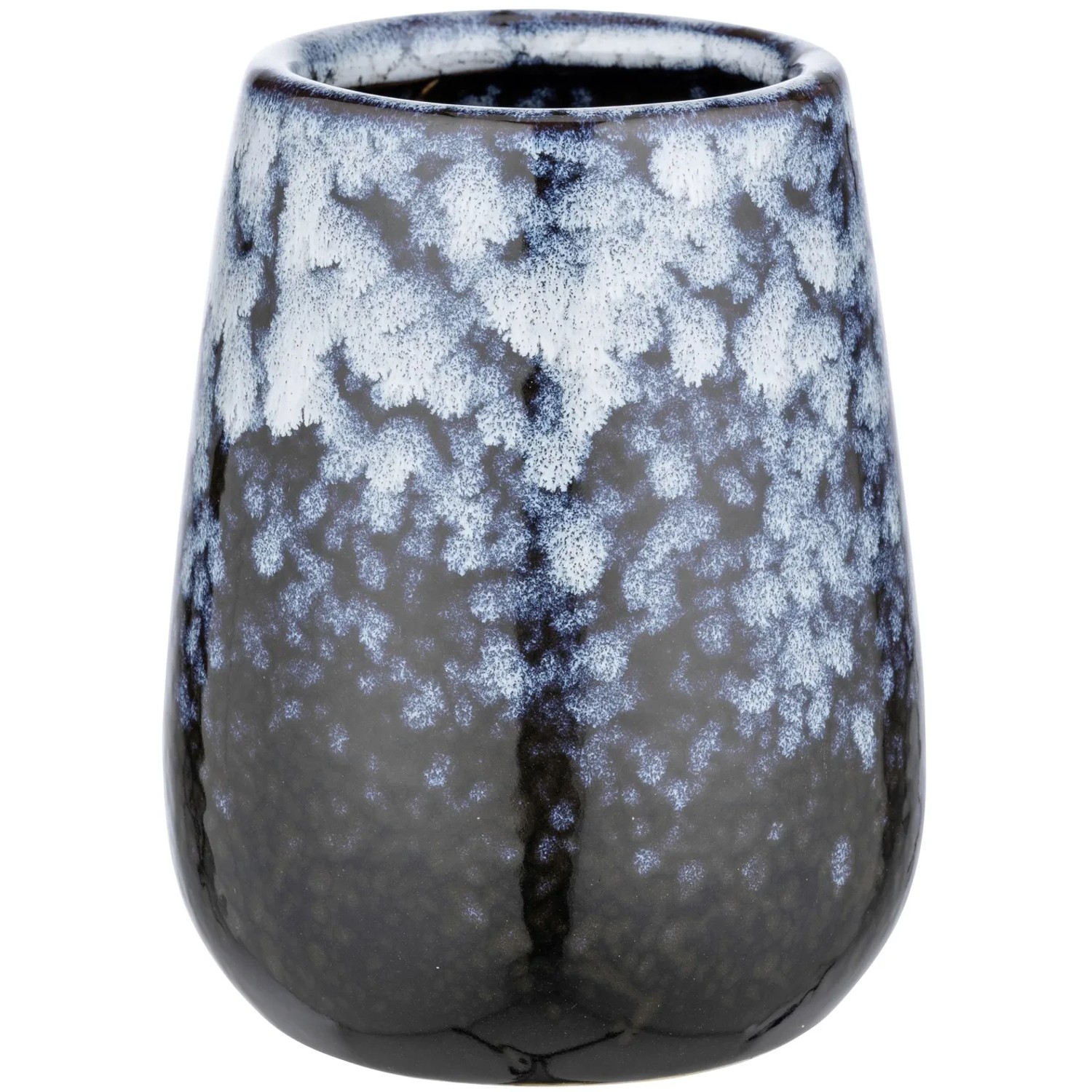 Blauer Zahnputzbecher Rosali Drop von Wenko aus Keramik mit abstraktem Muster.