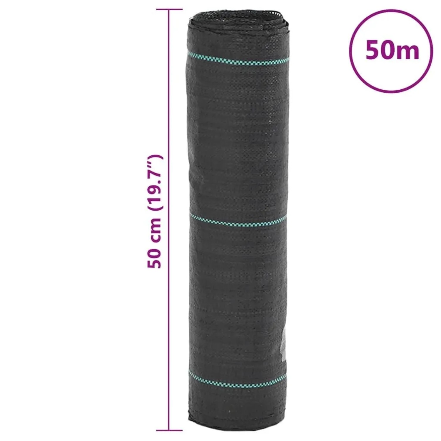 Schwarzes Unkrautvlies 0,5x50 m Rolle mit grünen Streifen.