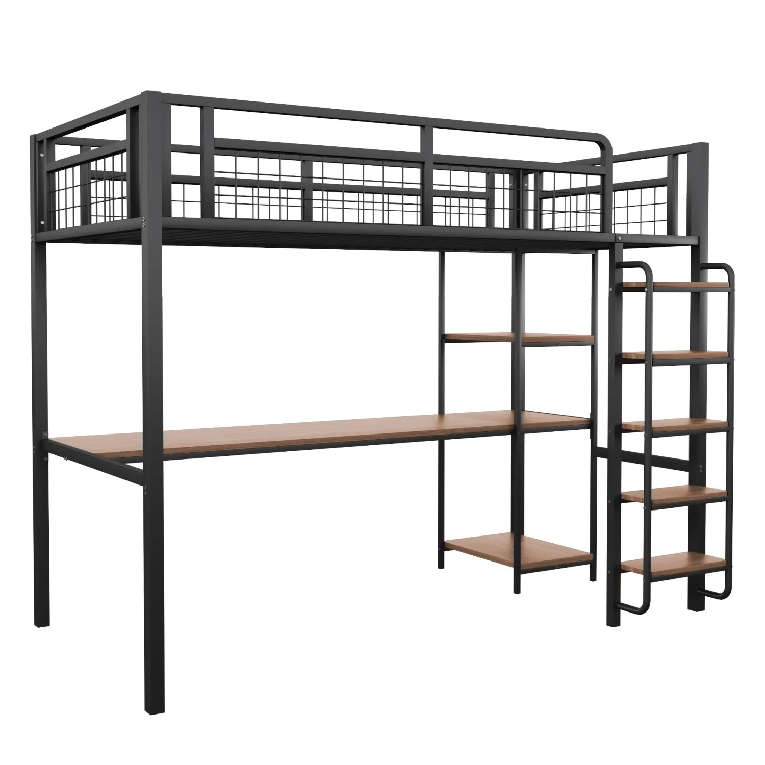 KOMHTOM Hochbett 90x200 Cm  Einzelbett  Kinderbett Mit Tisch Und Regalen  Sicherheitsgitter Aus Metall  Schwarz