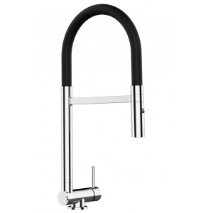 VIZIO Küchenarmatur für Vorfenster-Montage, verchromt mit schwarzem, schwenkbarem Auslauf und Handbrause.