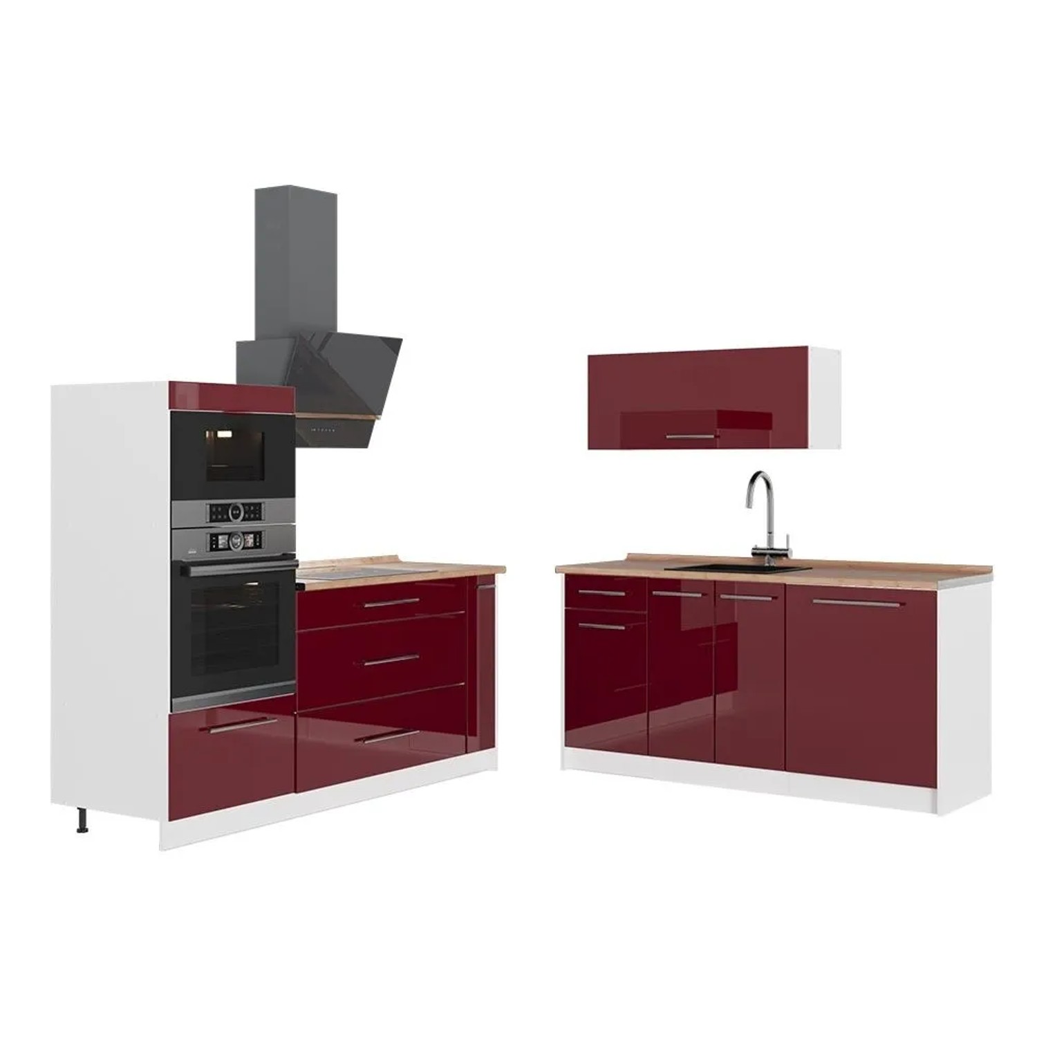 Vicco Küchenzeile Fame-Line Bordeaux Hochglanz/Weiß 340 x 154 AP Eiche Art Nr 63741