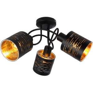 Schwarze Globo Deckenleuchte Tunno mit goldfarbener Innenseite und drei Leuchten.