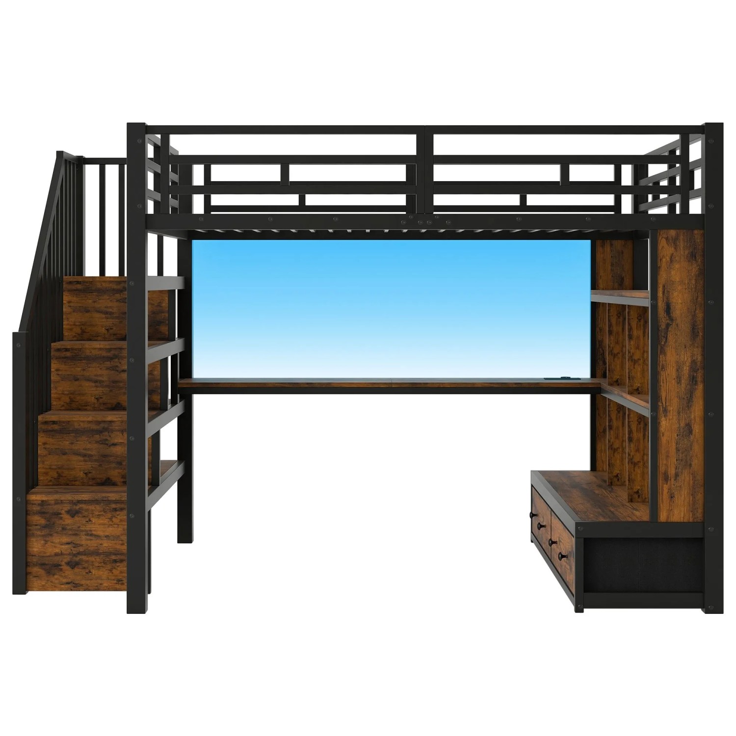 Merax Metall Hochbett 140x200 cm Mit Schreibtisch Regalen 2 Schubladen Stauraumtreppe Schwarz