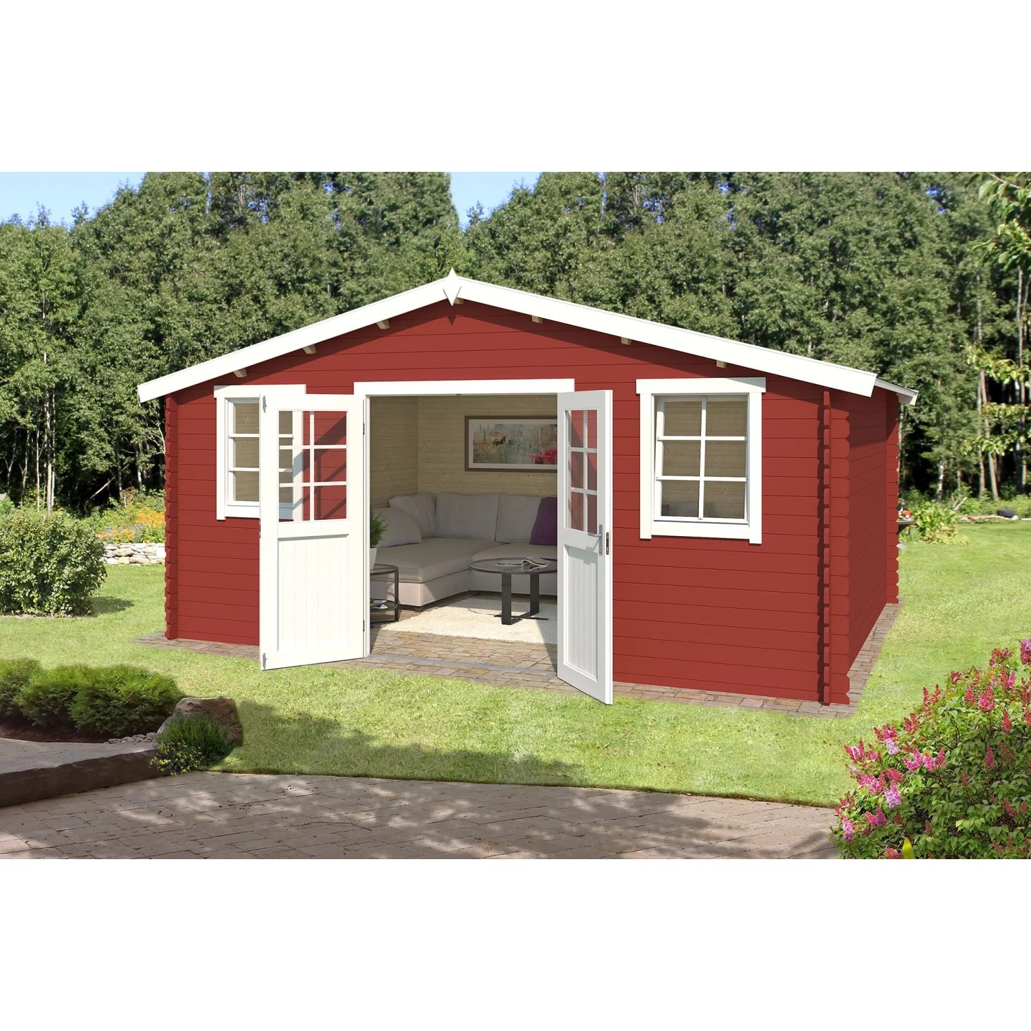 Lasita Holz-Gartenhaus Udo 380 Flachdach Schwedenrot Lasiert 480 cm x 380 cm