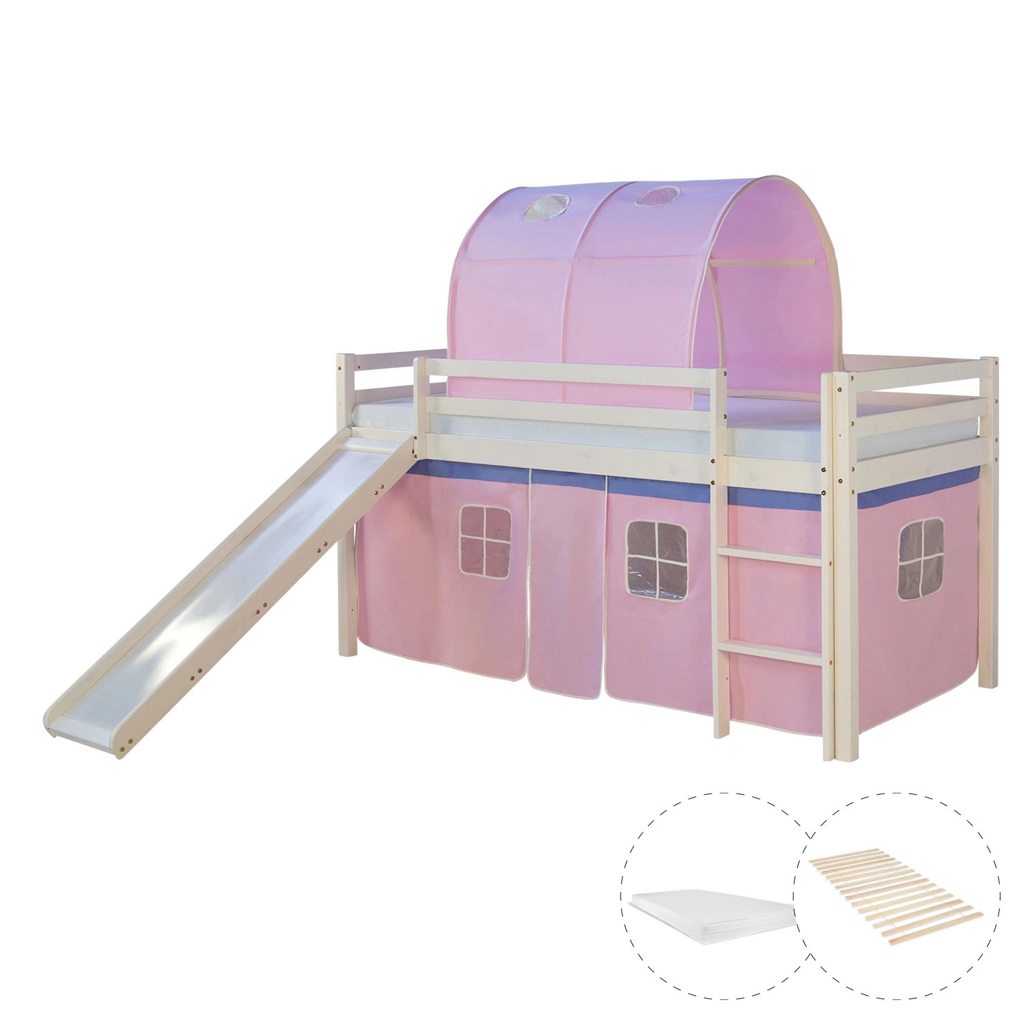 Homestyle4u Hochbett 90x200 mit Vorhang Lattenrost Matratze Rutsche Tunnel günstig online kaufen