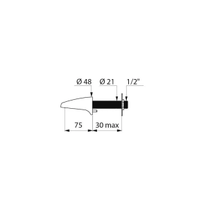 Technische Zeichnung Delabie Wandauslauf G1/2B L75. Maße: Ø48, Ø21, 75mm Länge, max. 30mm Wandstärke.