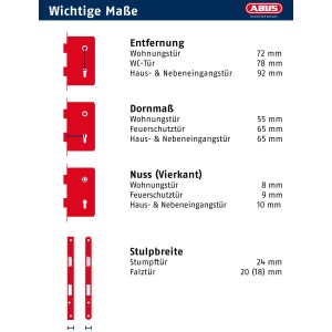 Abus Einsteckschloss Bad Universal: Schema mit Maßen zu Entfernung, Dornmaß, Nuss und Stulpbreite.