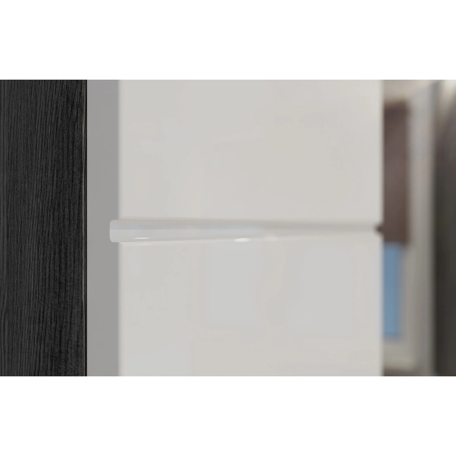 Detailaufnahme: Waschmaschinenüberbau in Weiß-Rauchsilber, Bad-Einbauschrank.