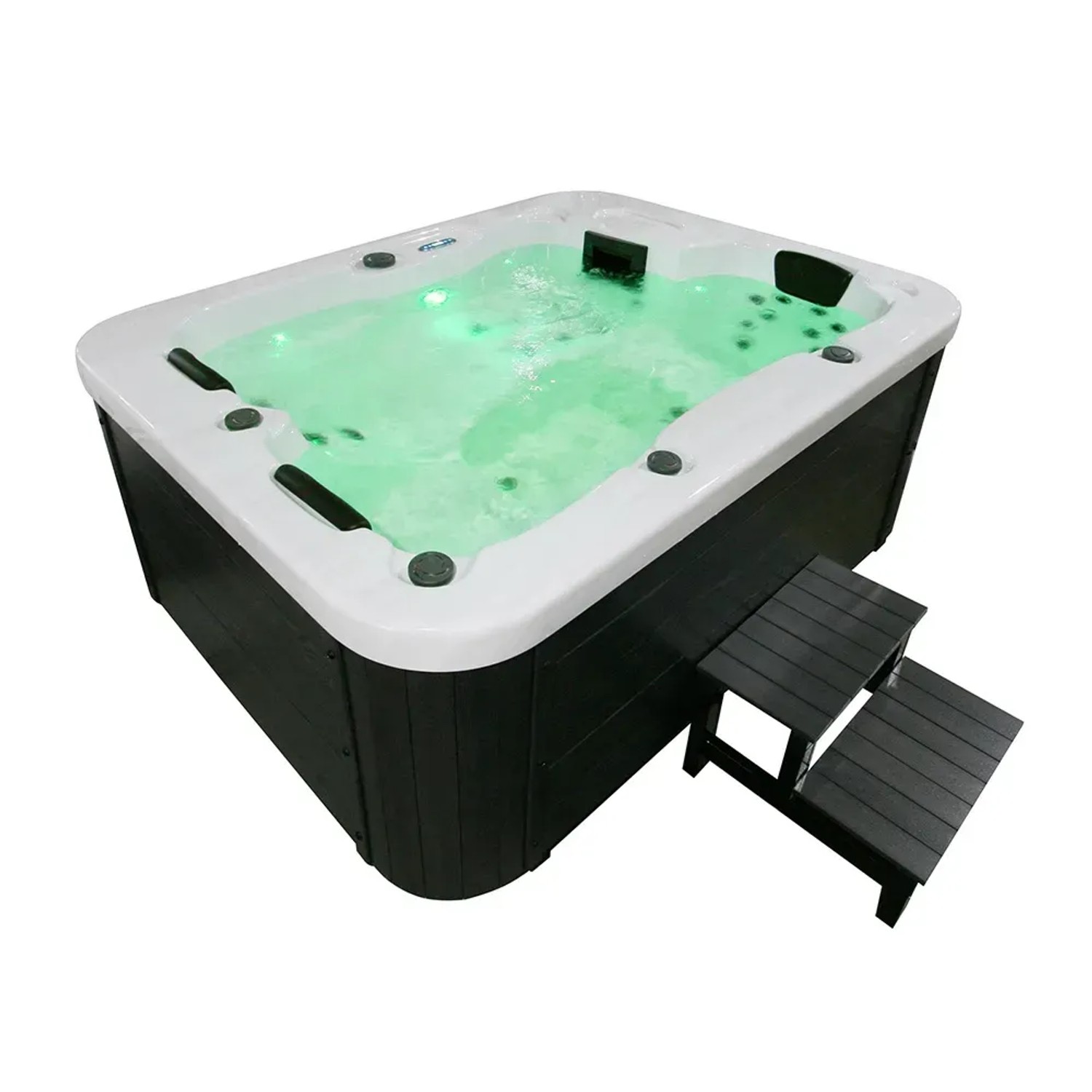 Home Deluxe Outdoor Whirlpool White Marble mit Treppe und Abdeckung.