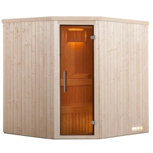 Weka Element-Ecksauna Kiruna 2 Sparset mit Glastür und 4,5 kW Ofen.