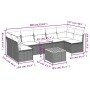 Graue 8-tlg. vidaXL Garten-Sofagarnitur aus Polyrattan mit Kissen und Tisch, Maße eingezeichnet.
