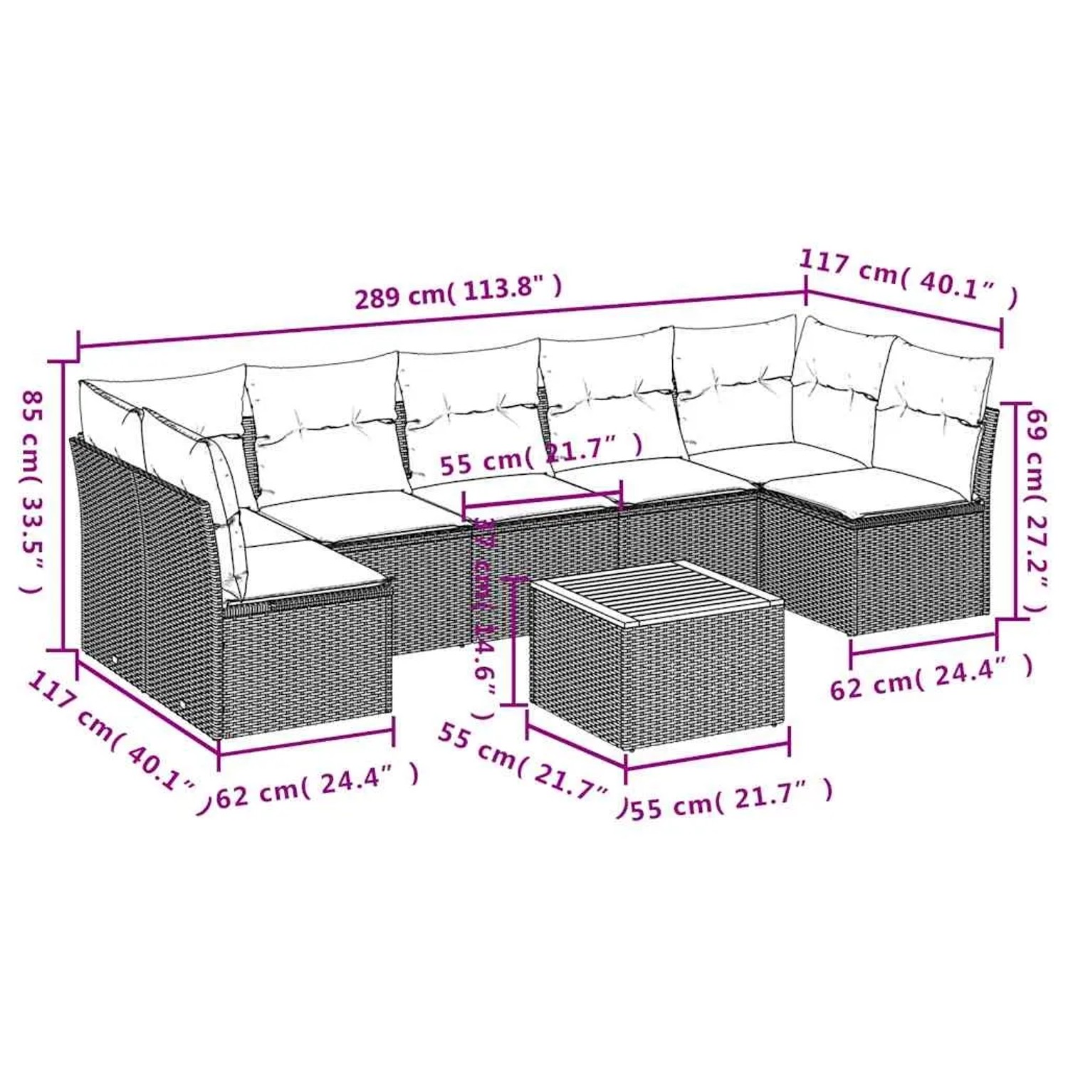 Graue 8-tlg. vidaXL Garten-Sofagarnitur aus Polyrattan mit Kissen und Tisch, Maße eingezeichnet.