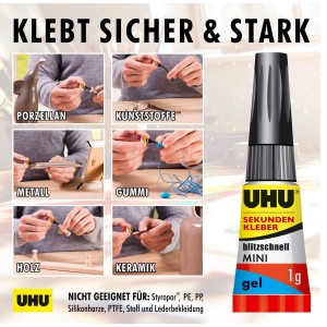 Uhu Sekundenkleber Mini Gel, 3x1g Tube. Universell einsetzbarer Kleber für Haushalt, Werkstatt und Hobby.