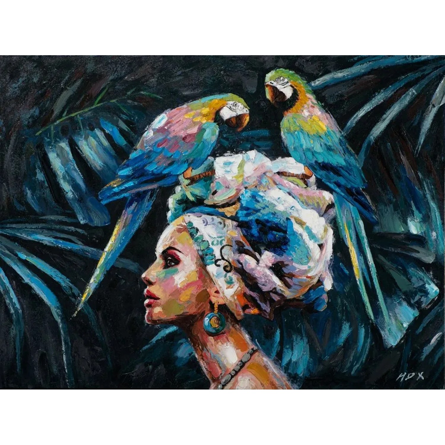Art Universe Leinwandbild Schönheit mit Blauen Papageien 90 x 120 cm