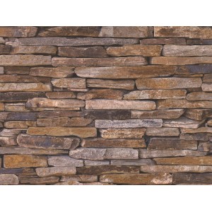 Bunte Vliestapete in Steinmaueroptik Woodn Stone mit naturgetreuen Erdtönen.