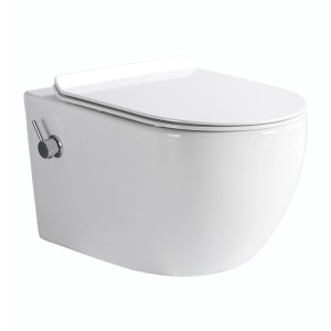 Wandhängendes Dusch-WC spülrandlos mit Softclose-Sitz und Taharet-Funktion.