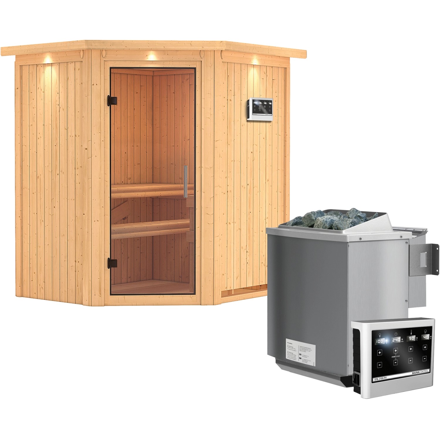 Karibu Sauna Tjorven, Bio-Ofen, externe Steuerung Easy, Glastür, LED-Dachkranz