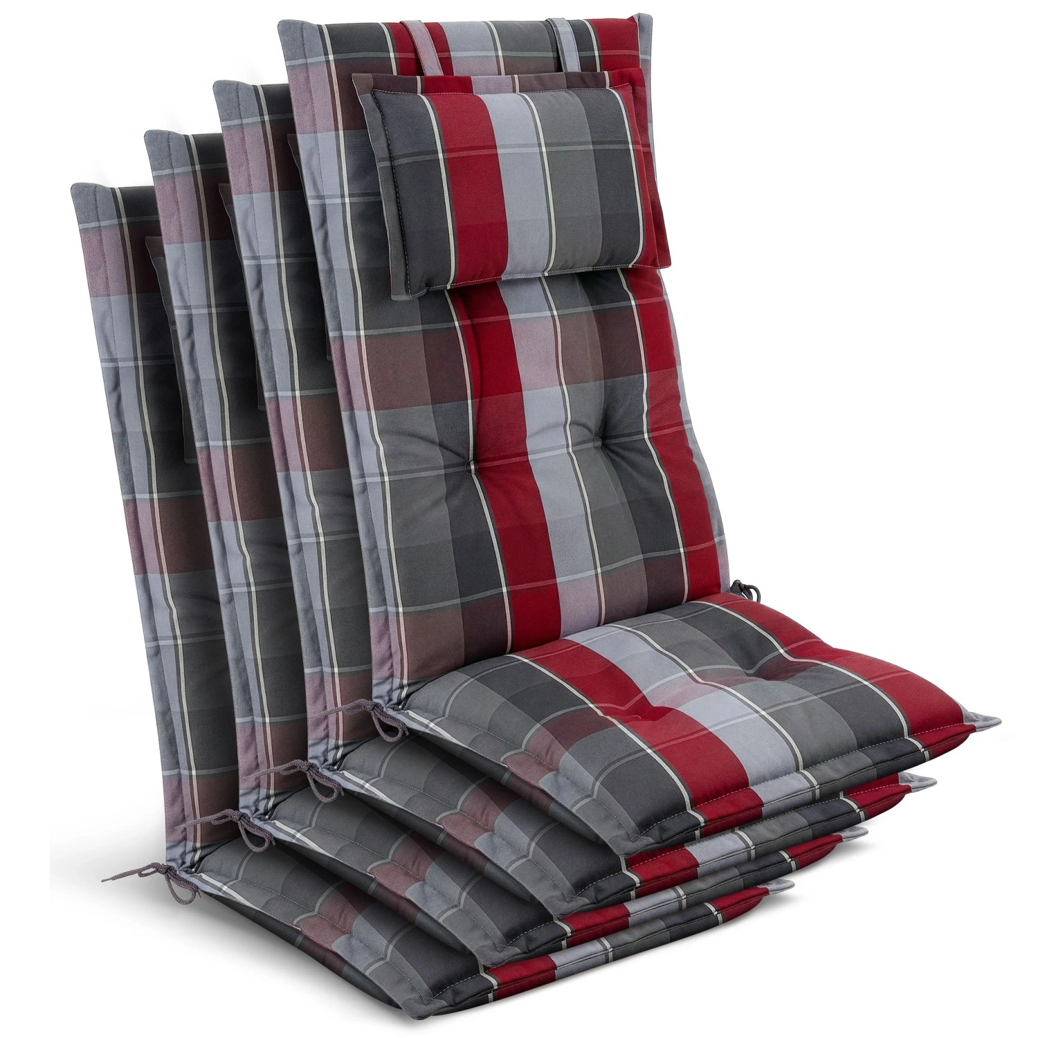 Beautissu 4x Gartenstuhlauflage Hochlehner 120x50x7cm Grau-Rot-Hellblau-Kariert