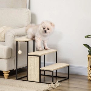 PawHut Haustiertreppe mit Kratzbrett: Hund steht auf der 3-stufigen, beigen Treppe mit schwarzem Rahmen.