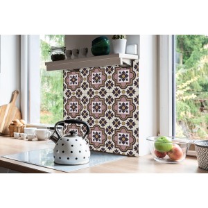 Selbstklebende PVC Fliesen mit arabischem Blumenmuster in Küche, 30x30cm, 9er Set.