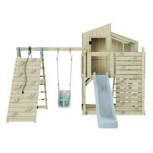 Holz-Spieltürm mit Babyschaukel Eisblau, Kletterwand und Rutsche für Kinder ab 3 Jahren.