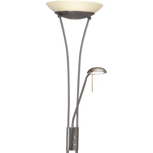 Weiße LED Stehleuchte Finn mit Leseleuchte aus Metall und Glas.