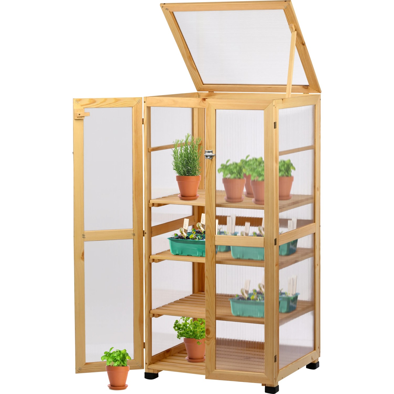 Dobar Anzuchtschrank Dome aus FSC®-Holz, mit Pflanzen und geöffneten Türen/Deckel.