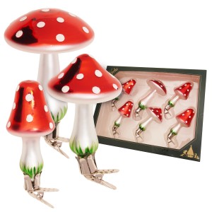 Krebs Glas Lauscha Pilz-Weihnachtsornamente, 6-teiliges Set, rot-weiß, mit Clip.