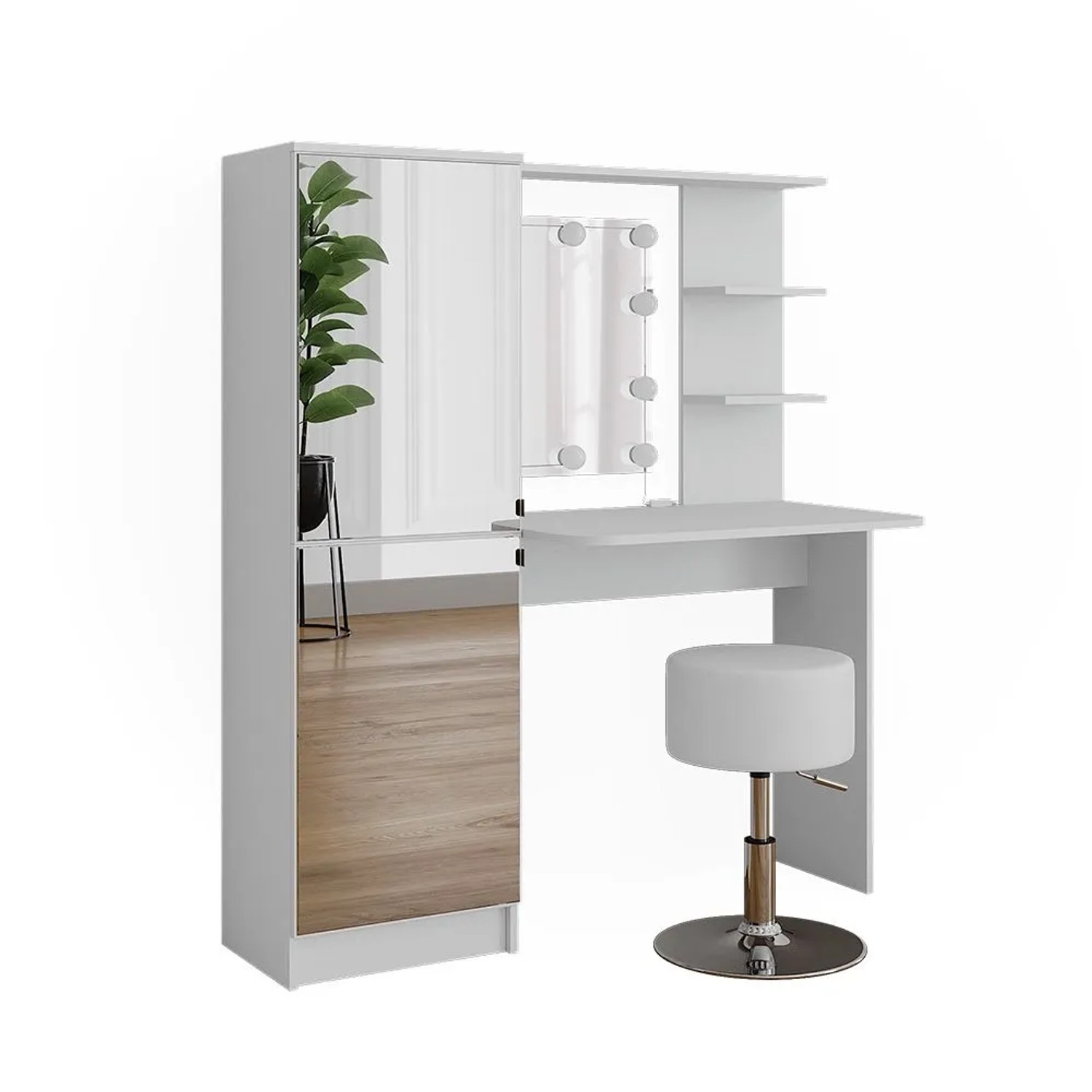 Vicco Schminktisch Jasmin Weiß 123 x 141 mit Spiegel, LED-Lichterkette und Hocker