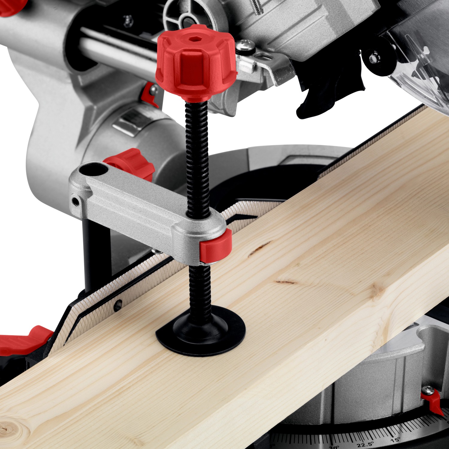 Metabo Kappsäge KGS 305 M: Werkstückfixierung mit Schnellspannzwinge für präzise Schnitte.