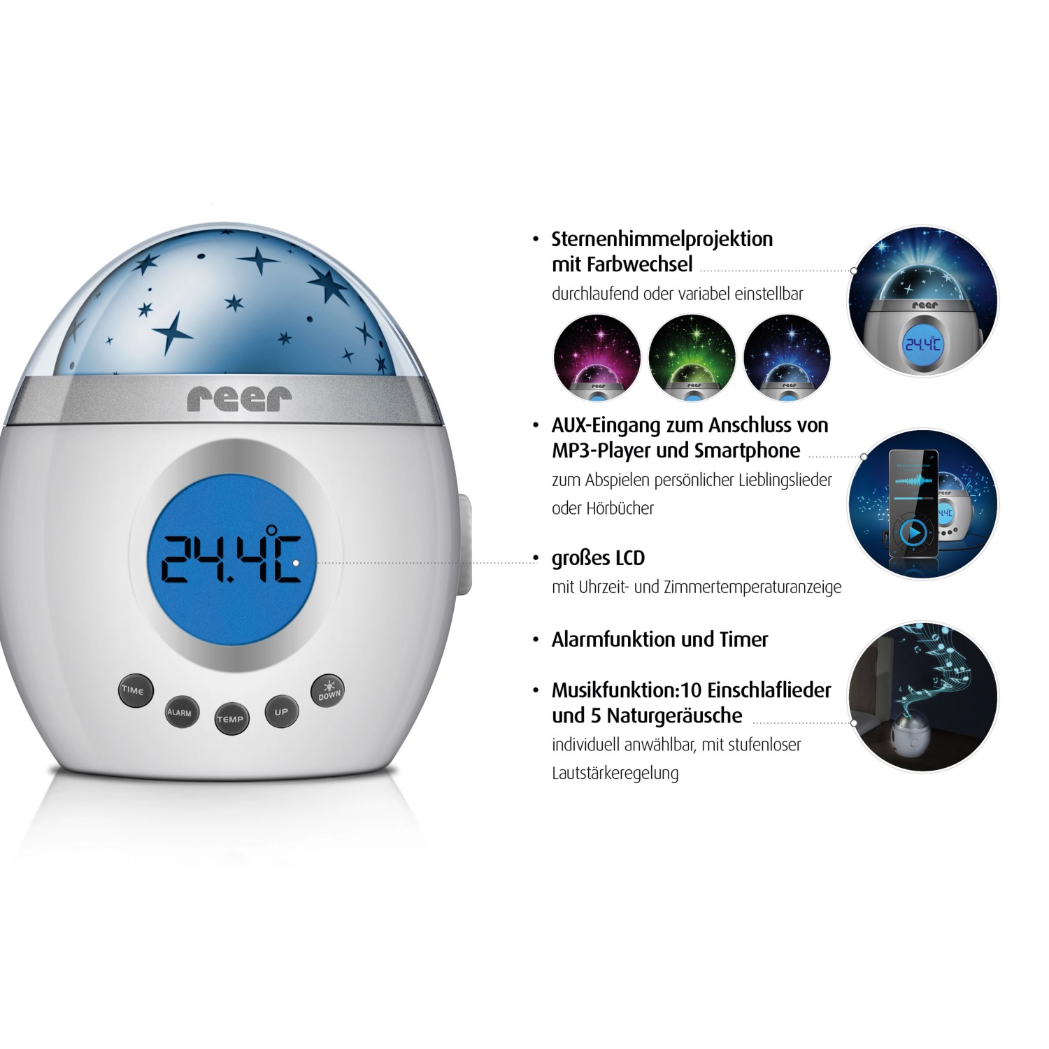 Reer Einschlaflicht My Magic Starlight, silbergrau, mit Sternenhimmelprojektion und LCD-Anzeige.