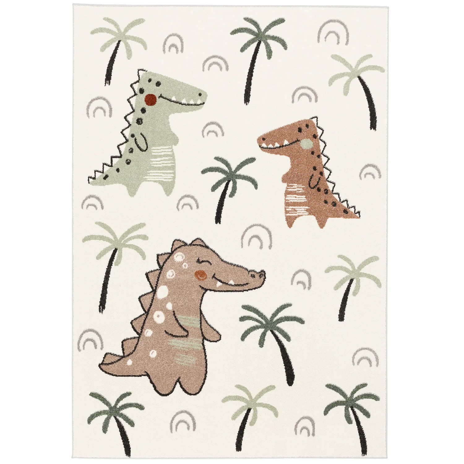Bunter Kinderteppich mit Dino-Motiven und Palmen, 140x200 cm. Kurzflorteppich für Kinderzimmer.