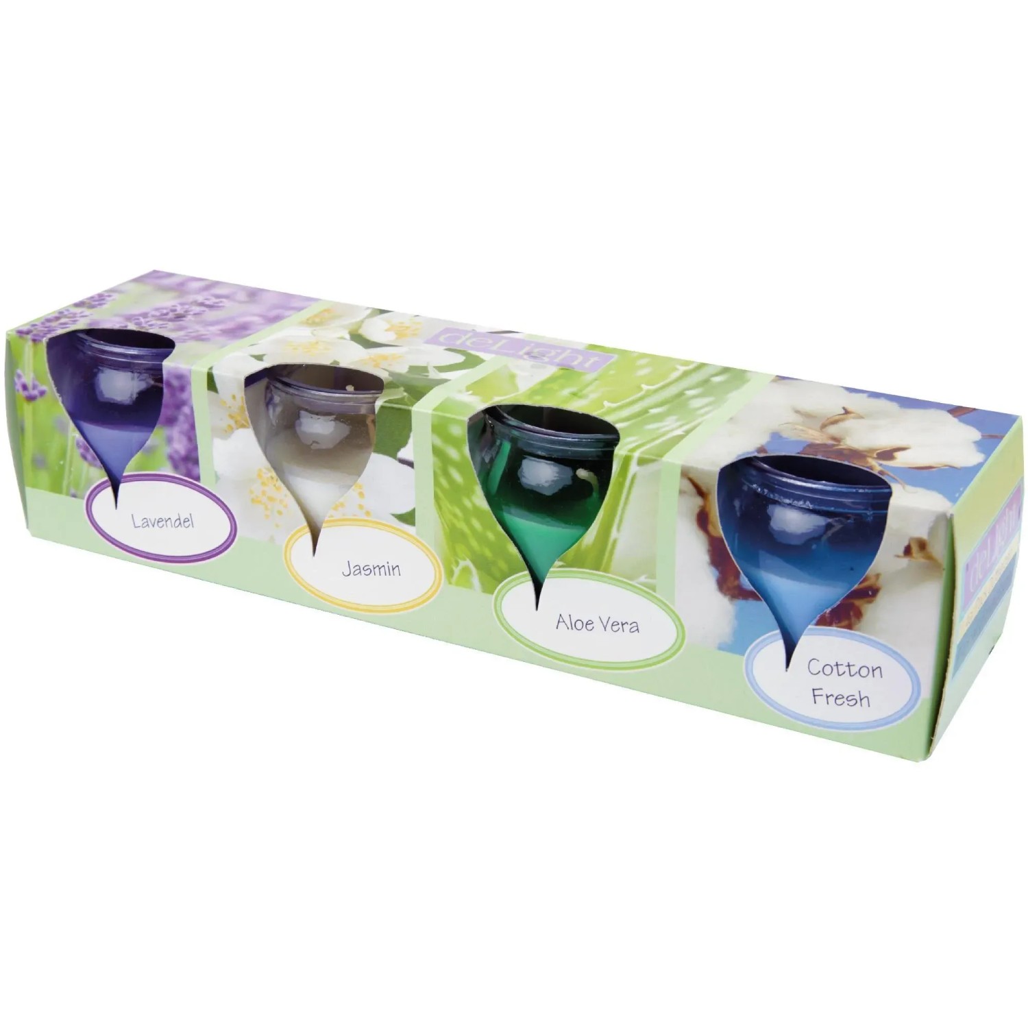 HS Candle Duftkerzen Selection, 4er Mix Floral: Lavendel, Jasmin, Aloe Vera, Cotton Fresh.