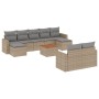 Beige 10-tlg. Garten-Sofagarnitur aus Rattan mit hellgrauen Kissen und Holztisch.
