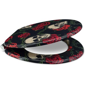 Sanfino WC-Sitz Rose Skull: Toilettendeckel mit Absenkautomatik, Holz, Totenkopf- und Rosen-Design.