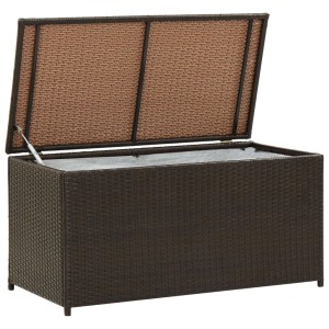 Braune VidaXL Gartenbox aus Poly Rattan, 100x50x50 cm, mit geöffnetem Deckel und Innenplane.